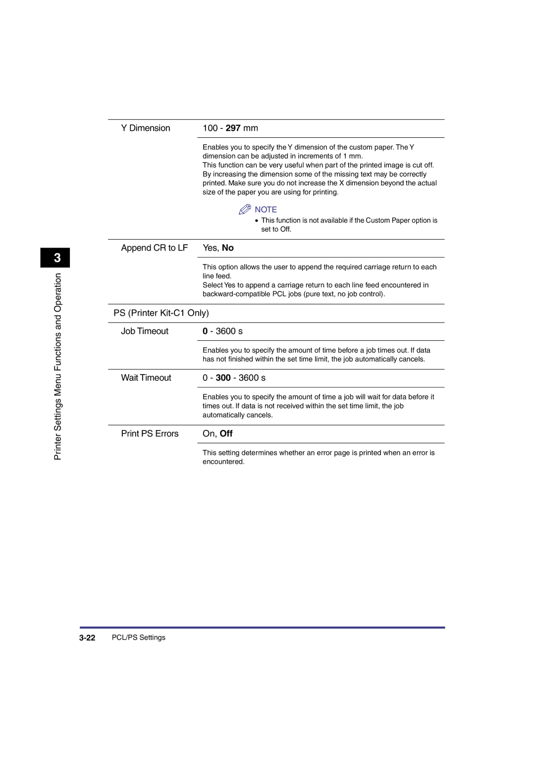 Canon IR3300 manual Append CR to LF Yes, No, PS Printer Kit-C1 Only Job Timeout 3600 s, Wait Timeout 300 3600 s 