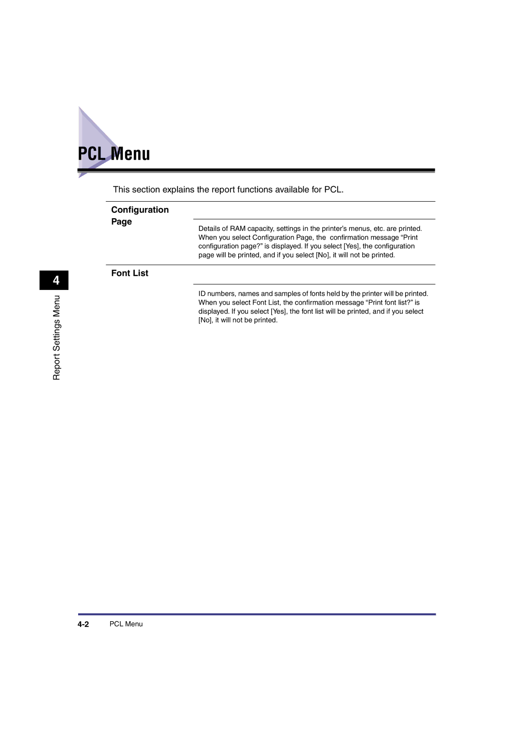 Canon IR3300 manual PCL Menu, Report Settings Menu 