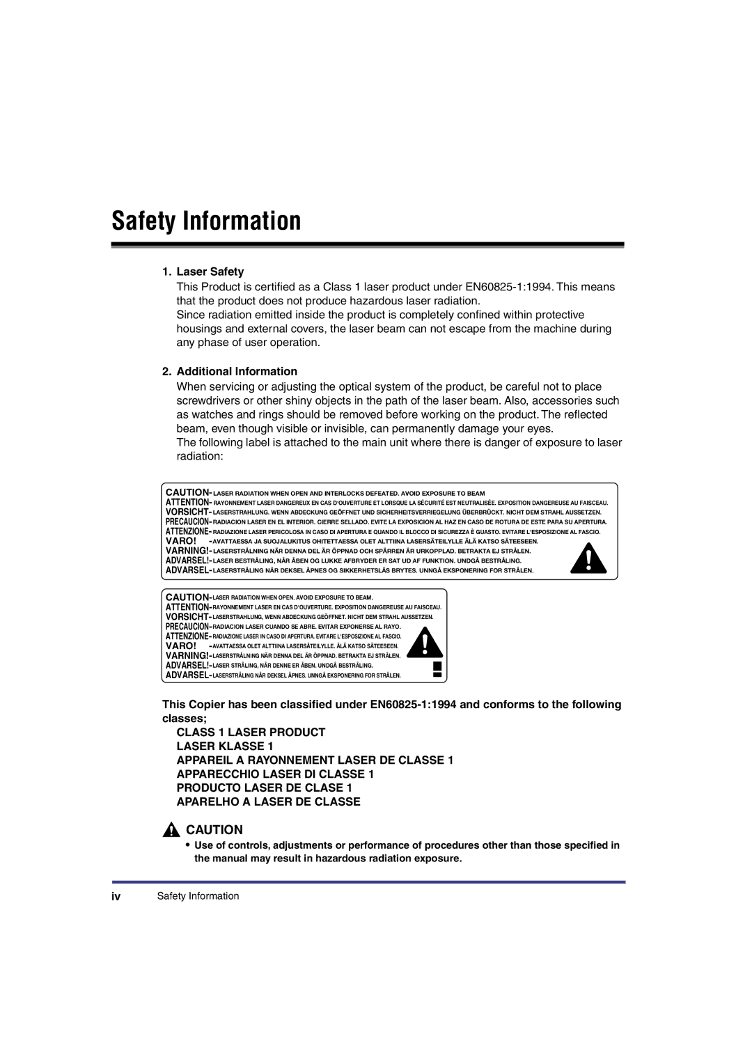 Canon IR3300 manual Safety Information, Laser Safety 