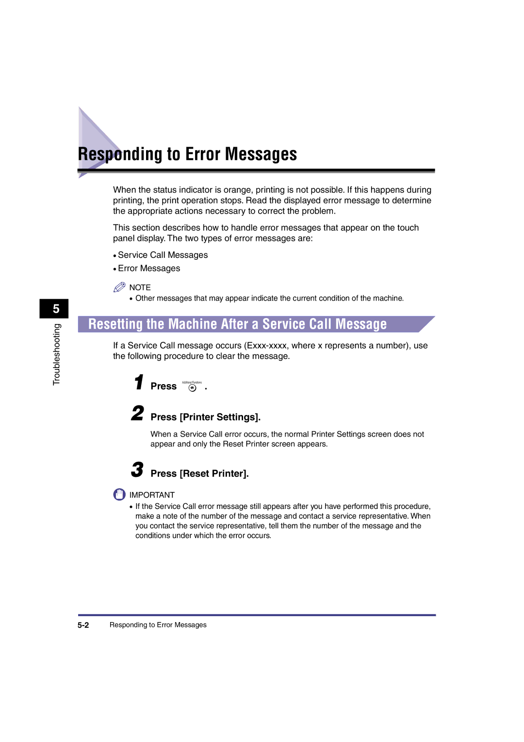 Canon IR3300 manual Responding to Error Messages, Resetting the Machine After a Service Call Message, Troubleshooting 