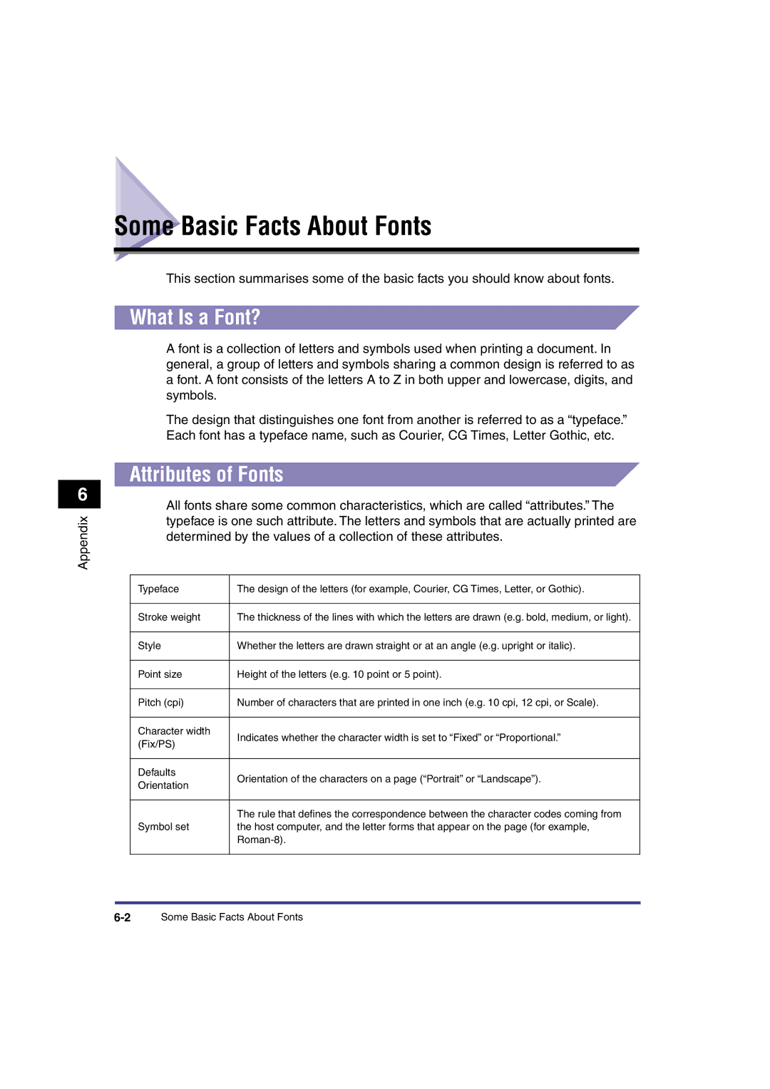 Canon IR3300 manual Some Basic Facts About Fonts, What Is a Font?, Attributes of Fonts, Appendix 