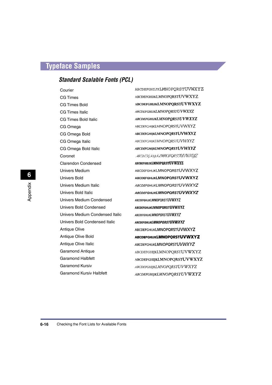 Canon IR3300 manual Typeface Samples, Standard Scalable Fonts PCL 