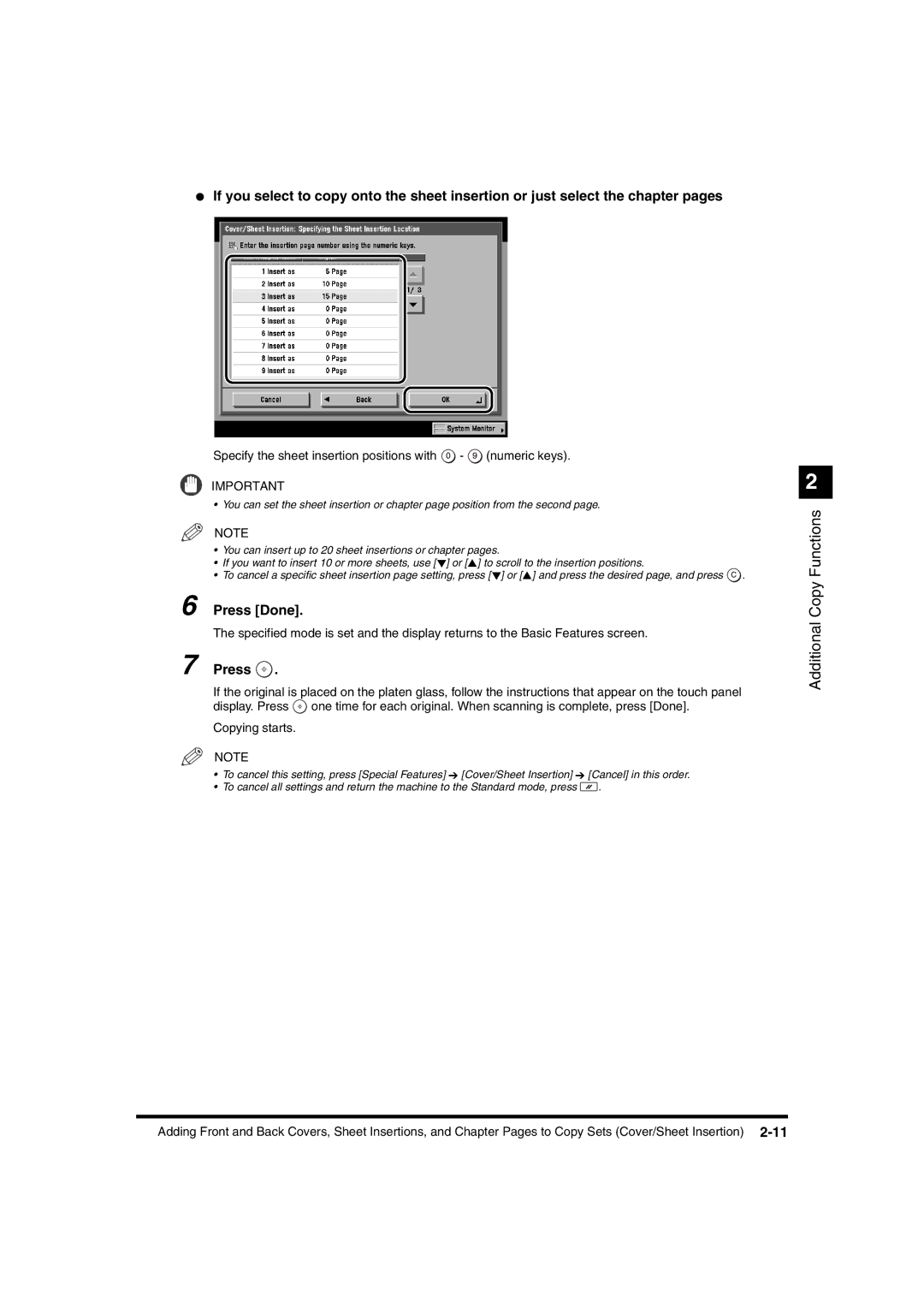 Canon IR2220I, IR3320N manual Specify the sheet insertion positions with numeric keys 