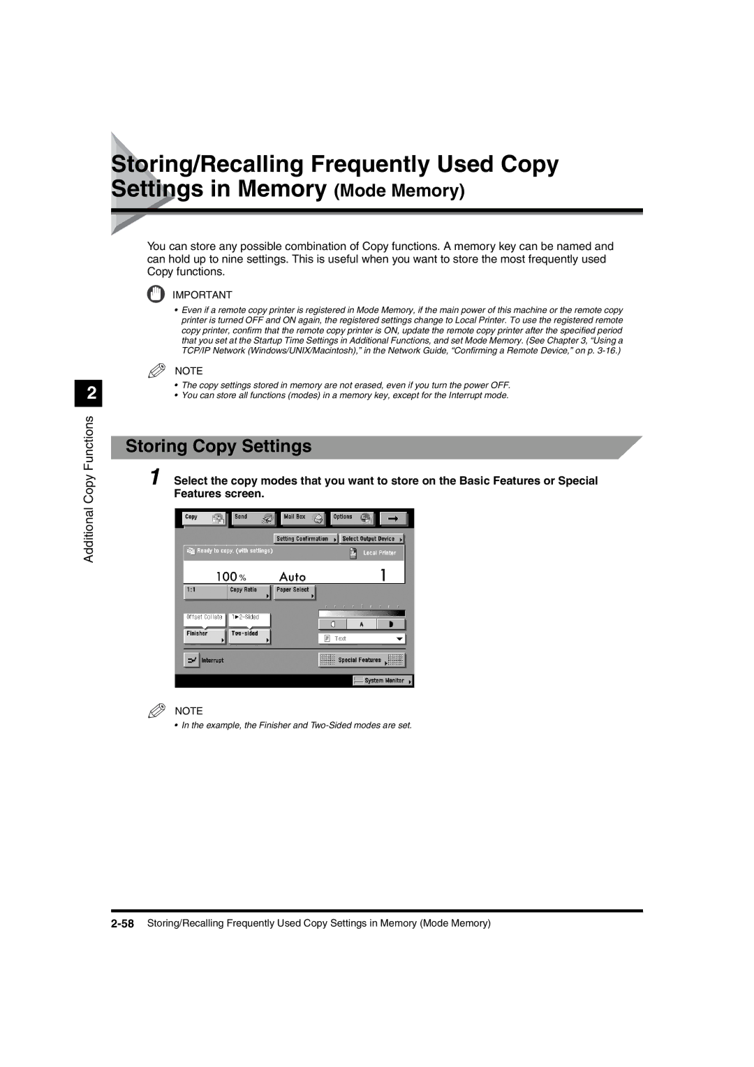 Canon IR3320N, IR2220I manual Storing Copy Settings 