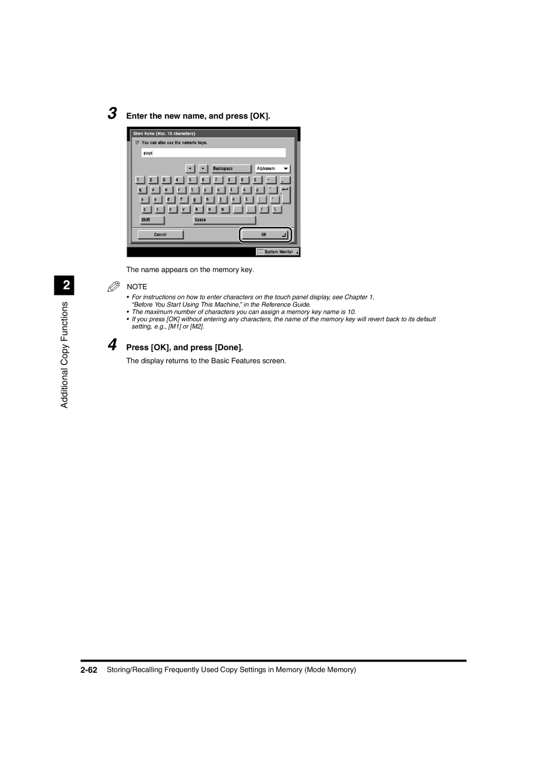 Canon IR3320N, IR2220I manual Enter the new name, and press OK, Name appears on the memory key 