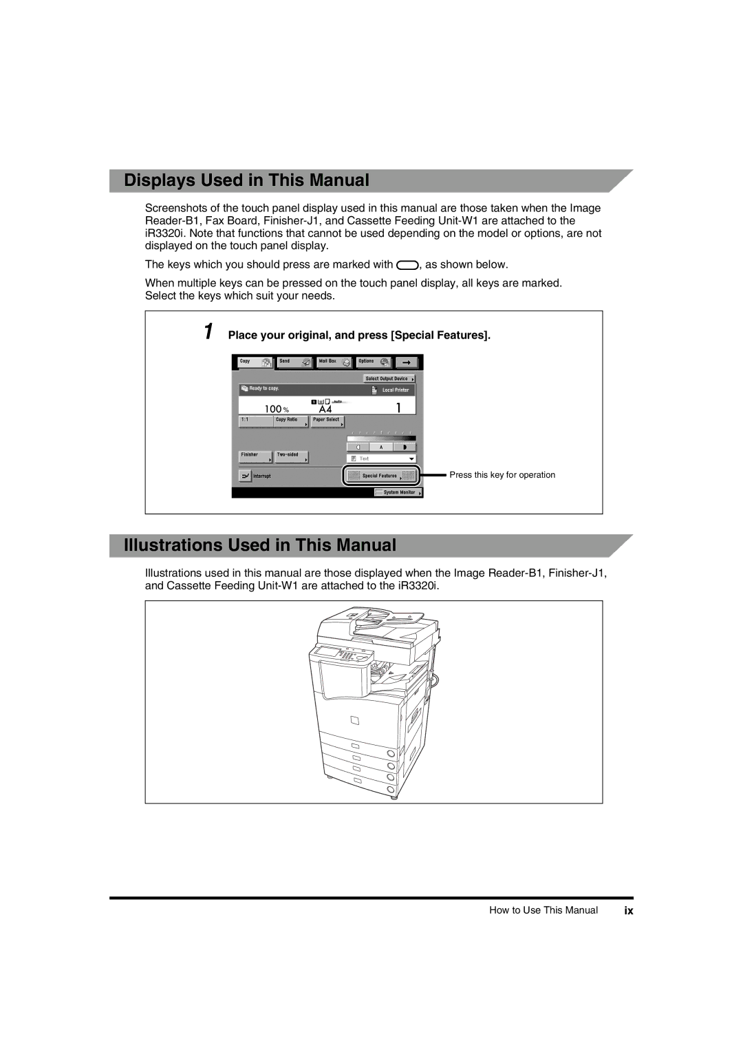 Canon IR2220I, IR3320N manual Displays Used in This Manual, Illustrations Used in This Manual 