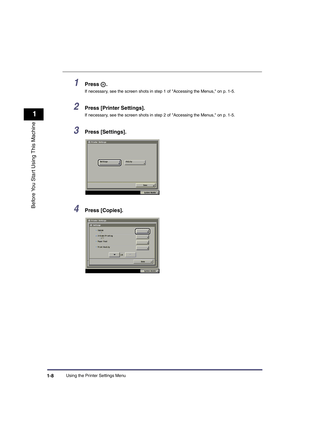 Canon ir3570, ir4570, iR3530, iR2870, iR2270, iR2230 manual Press Settings Press Copies 