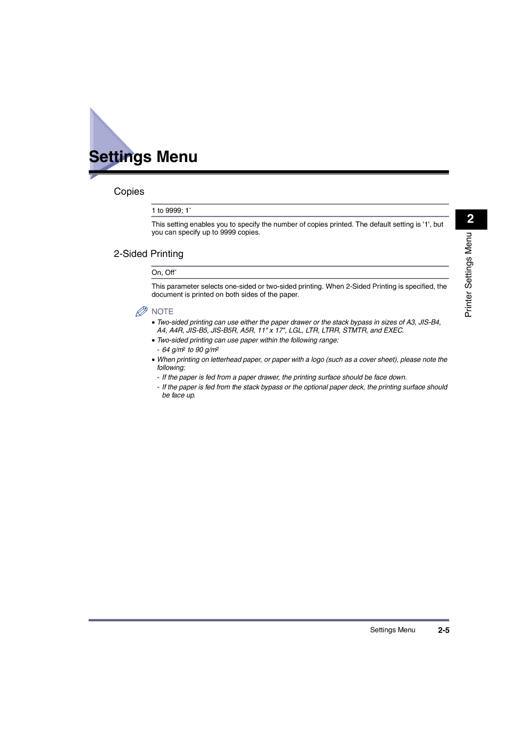 Canon ir4570, ir3570, iR3530, iR2870, iR2270, iR2230 manual Settings Menu, Copies, Sided Printing 