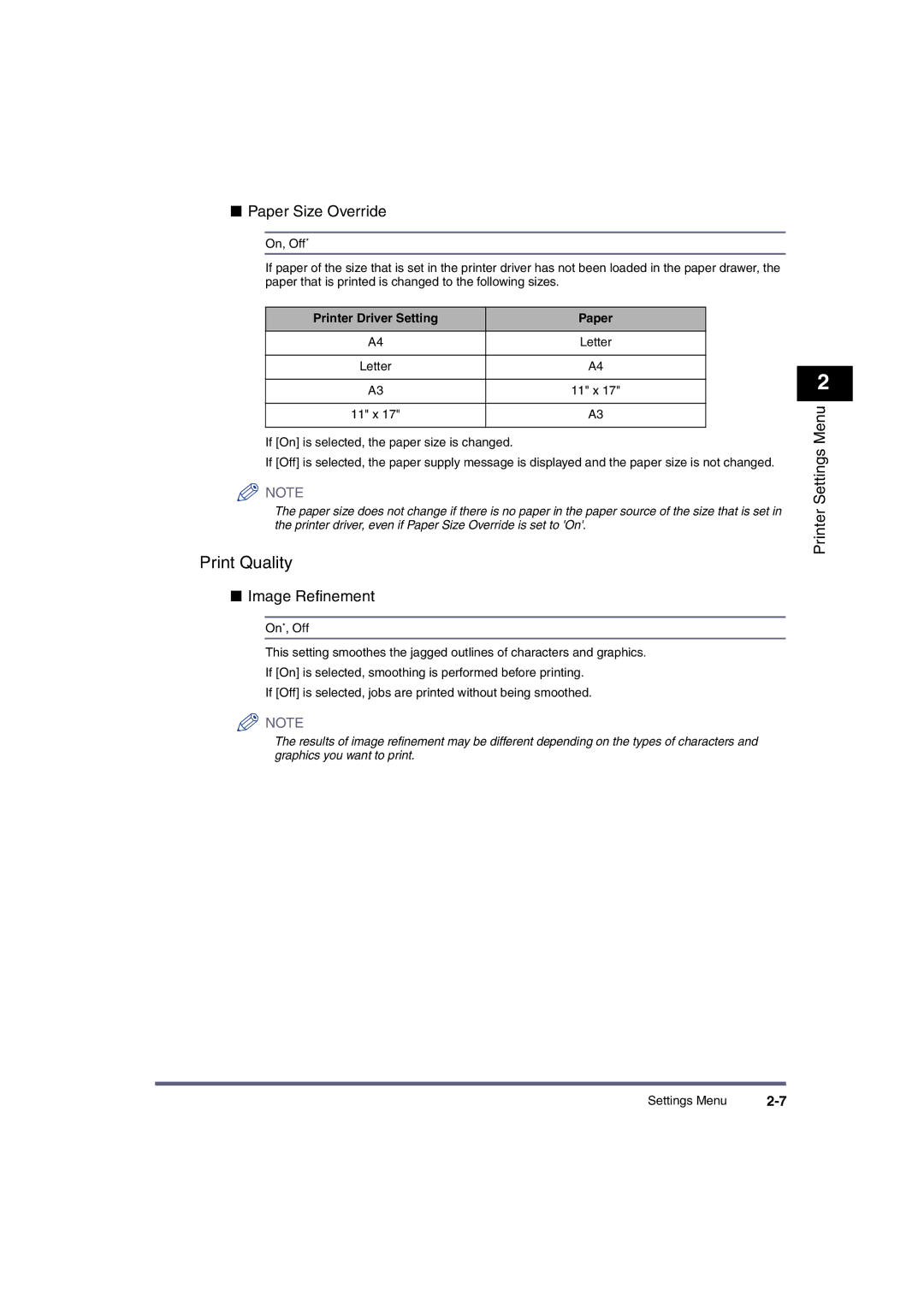 Canon iR2870, ir3570, ir4570, iR3530, iR2270, iR2230 manual Print Quality, Paper Size Override, Image Refinement 