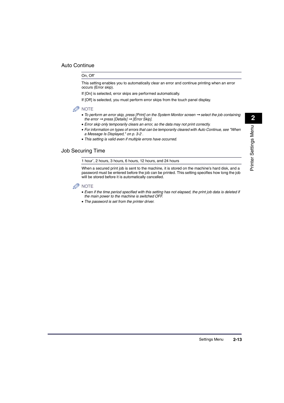 Canon iR2870, ir3570, ir4570, iR3530, iR2270, iR2230 manual Auto Continue, Job Securing Time 