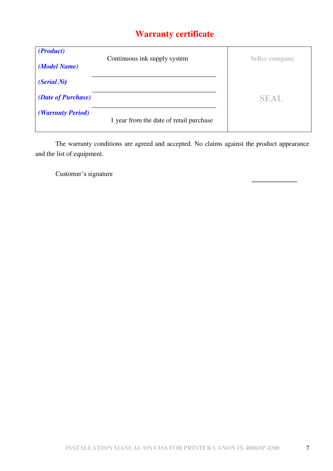 Canon IX 4000 installation manual Seal 