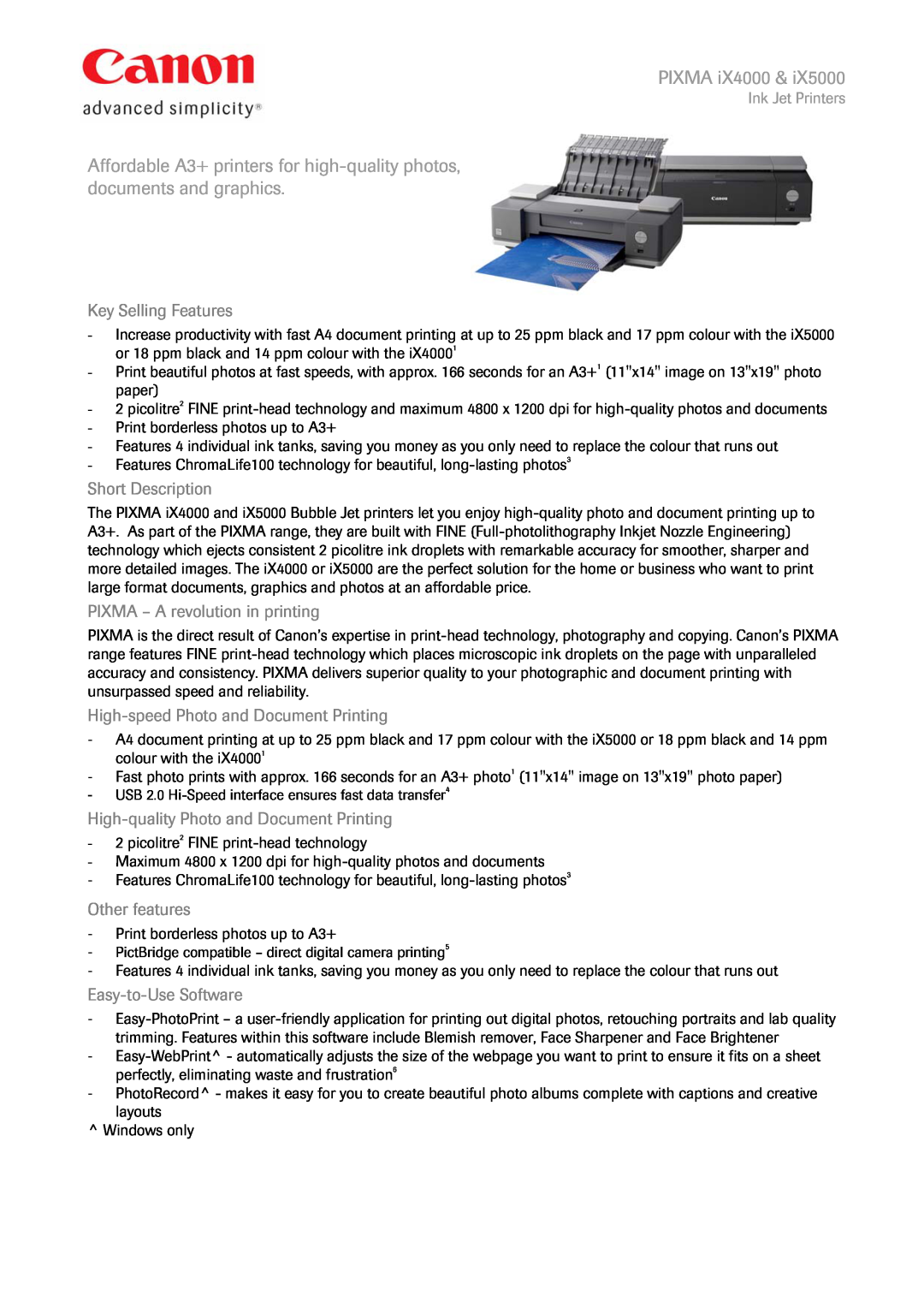 Canon IX5000 manual PIXMA iX4000, Key Selling Features, Short Description, PIXMA - A revolution in printing 
