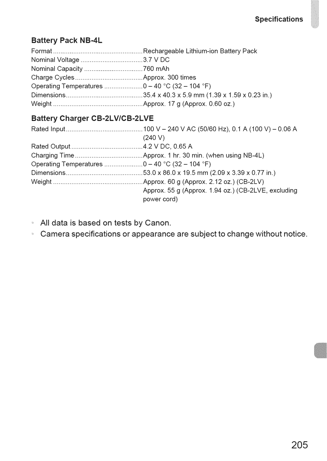 Canon IXUS 220HS manual 2O5, Battery Pack NB-4L 