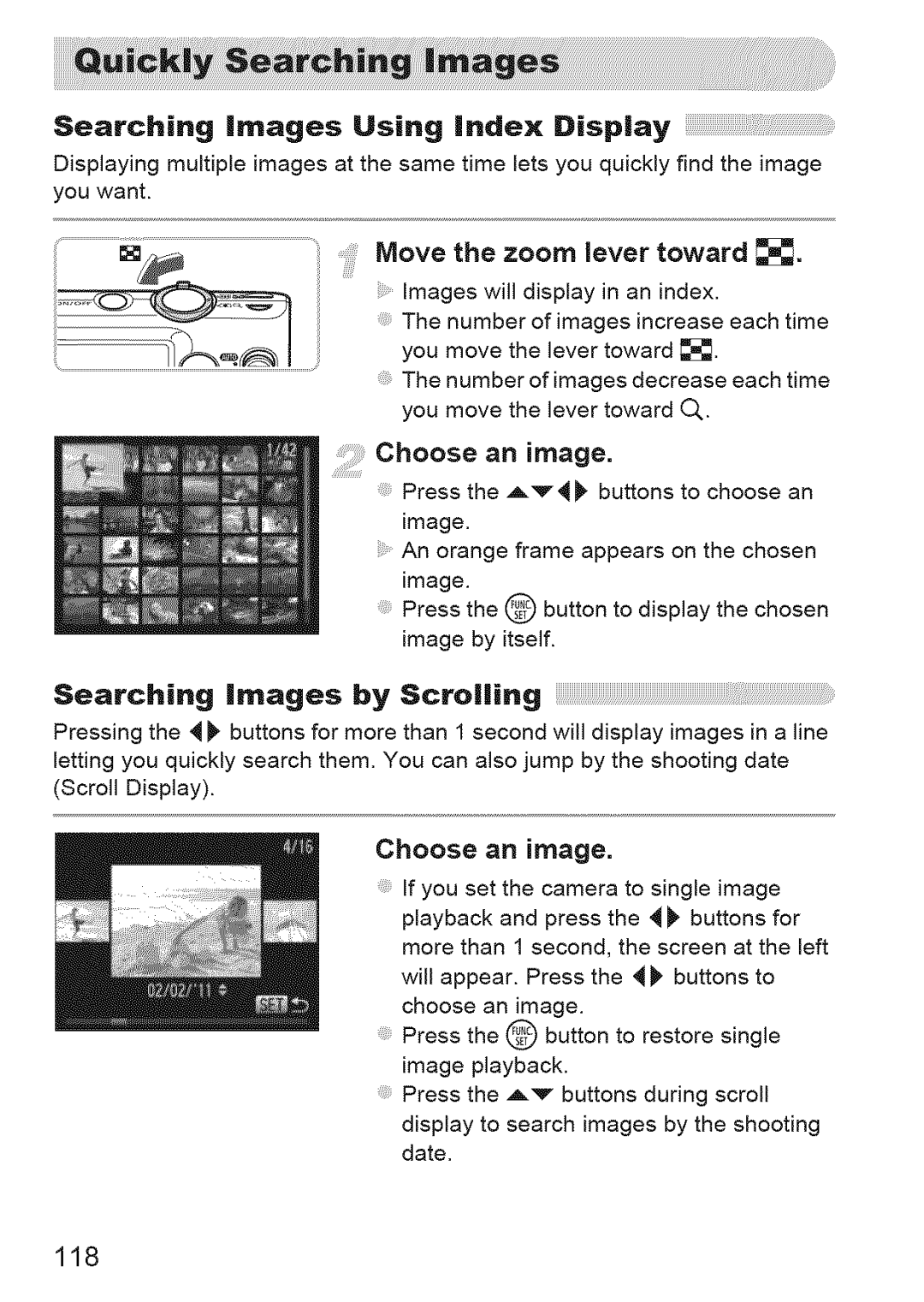 Canon IXUS 220HS manual Movethezoomevertoward, Searching images Using index Display, Choose an image 