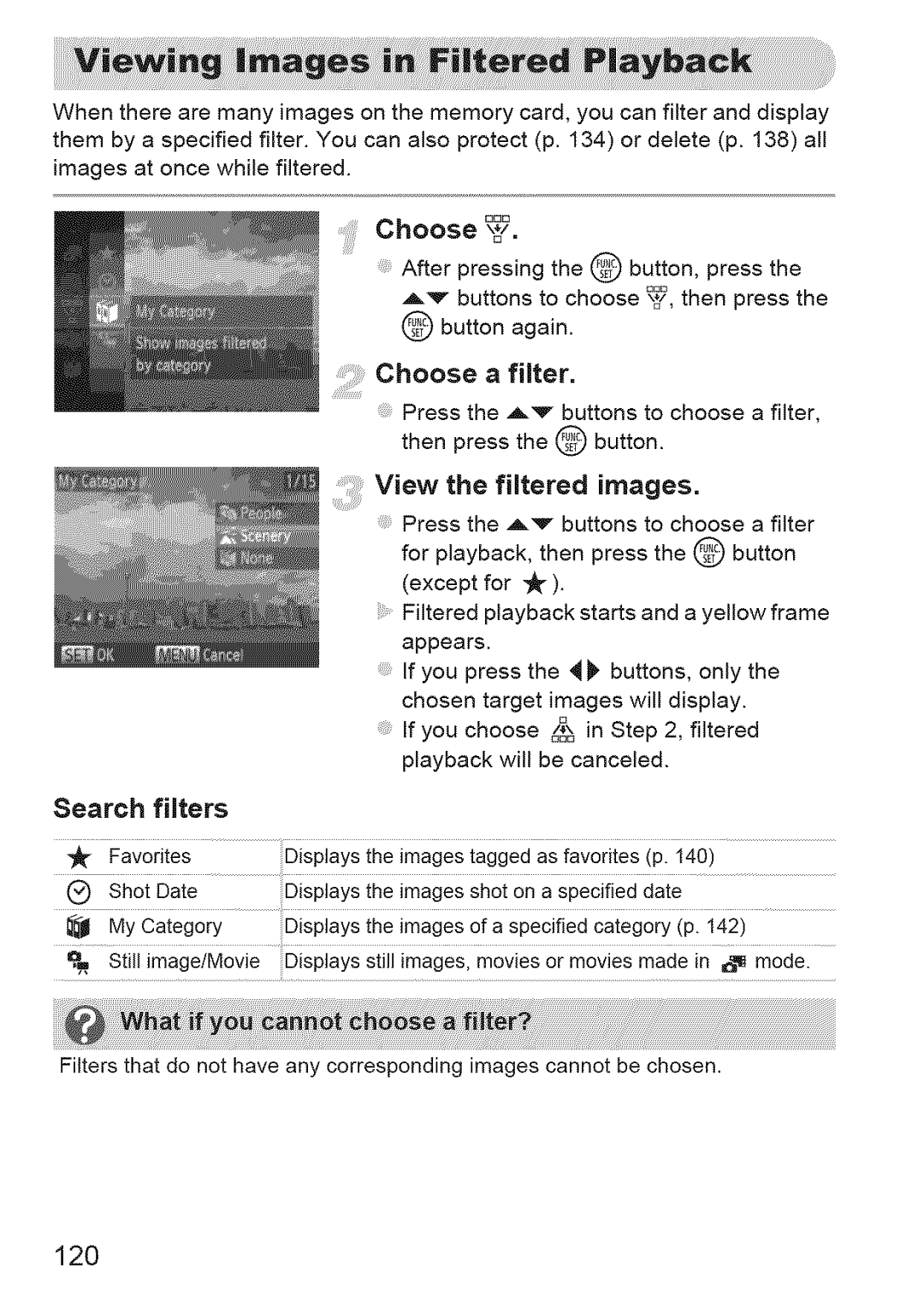 Canon IXUS 220HS manual Choose ?, Choose a filter, View the filtered images, Search filters, 120 