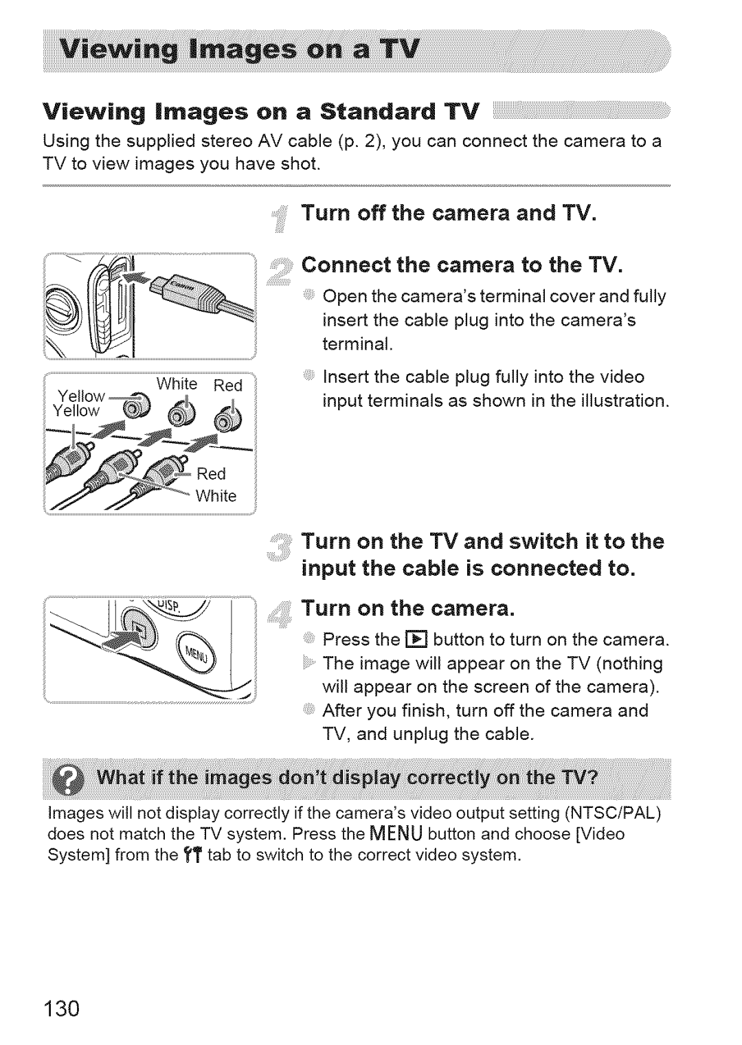 Canon IXUS 220HS manual 411iiiiiiiii!i, Viewing images on a Standard TV, Turn off the camera and TV, 130 