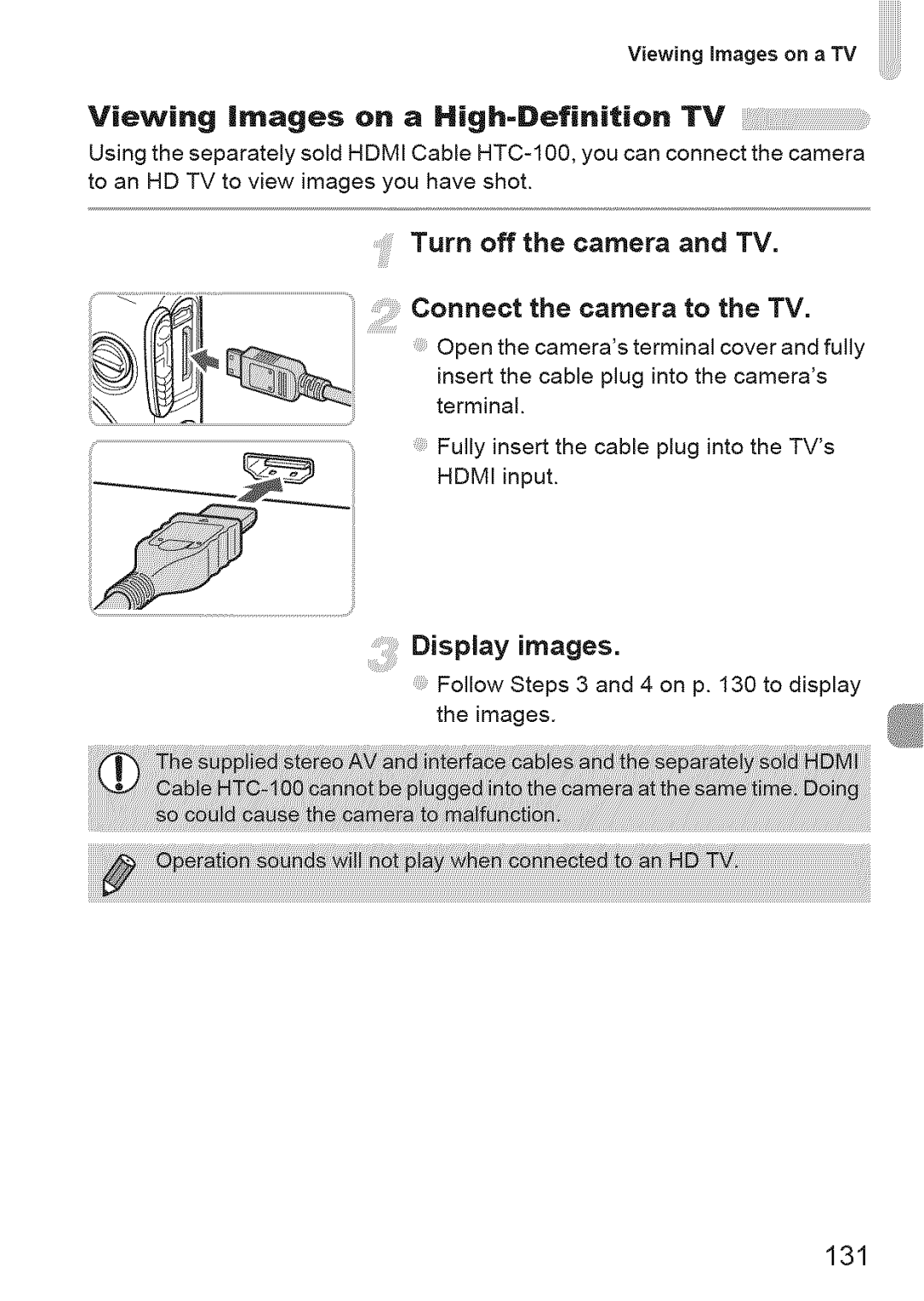 Canon IXUS 220HS Viewing images on a High-Definition TV, Turn off the camera and TV Connect the camera to the TV, 131 