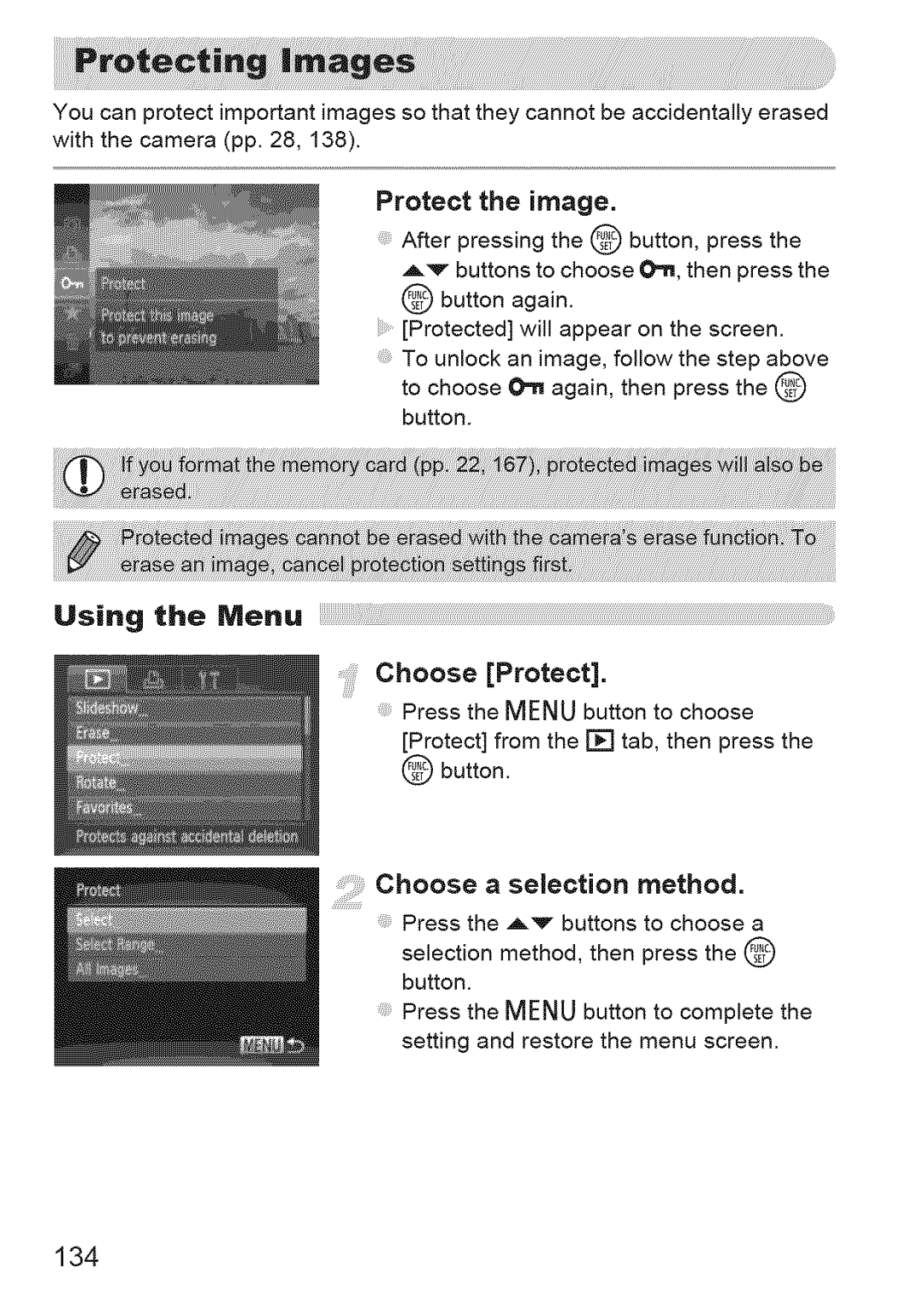 Canon IXUS 220HS manual Protect the image, Choose Protect, Choose a selection method, 134 