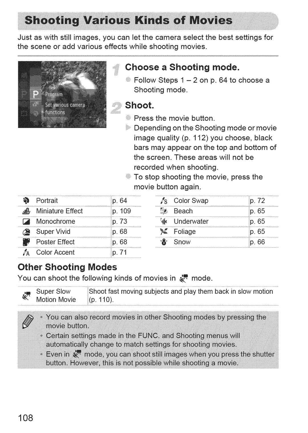 Canon IXUS 220HS manual Choose a Shooting mode, Other Shooting Modes, 108 