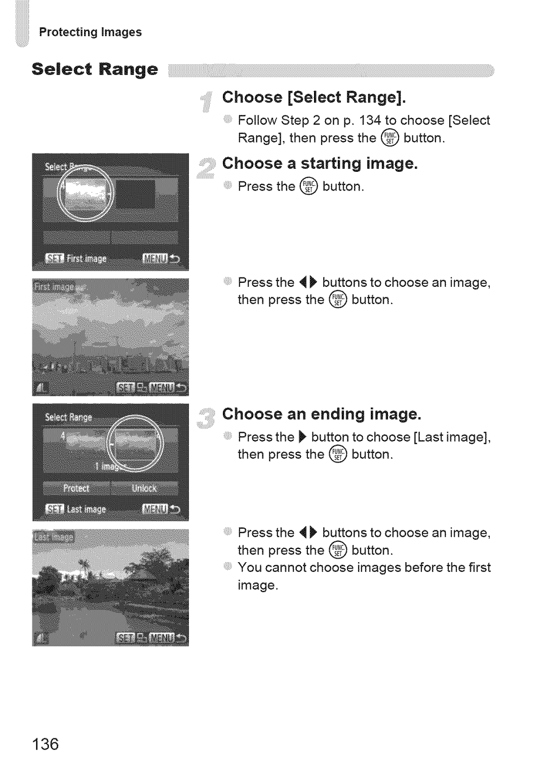 Canon IXUS 220HS manual Select Range Choose Select Range, Chooseastarting image, 136 