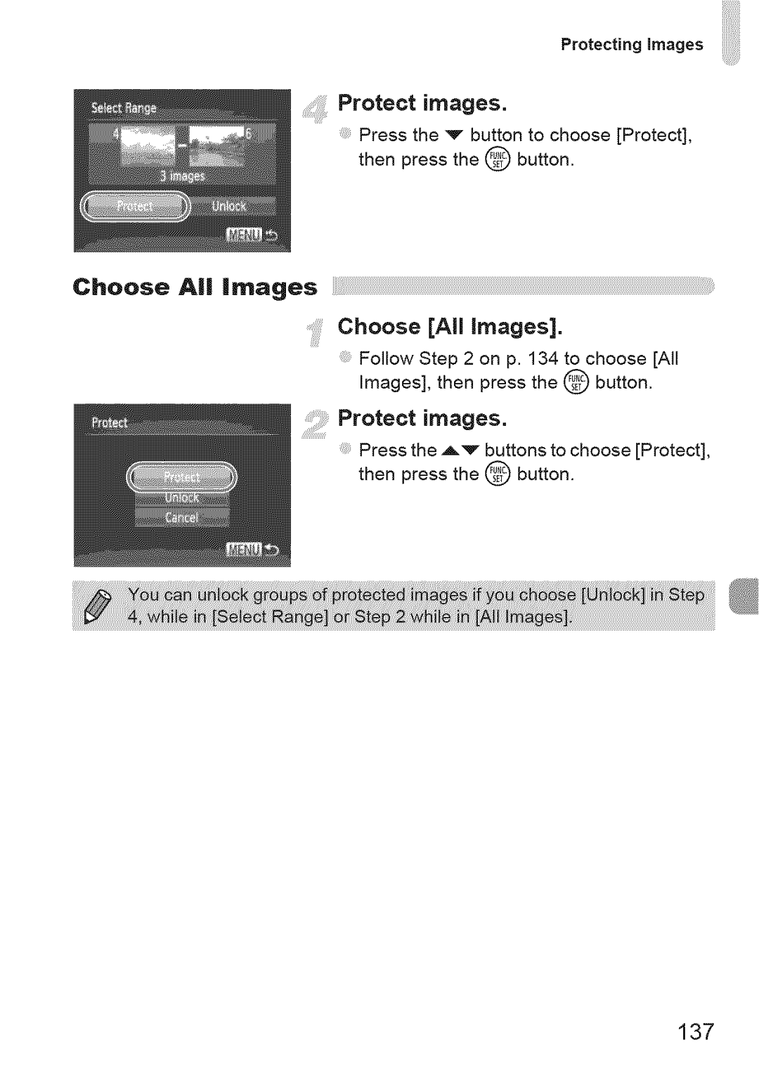 Canon IXUS 220HS manual Protect images, Choose AJ images ¸¸iiiiilChoose All images, 137 