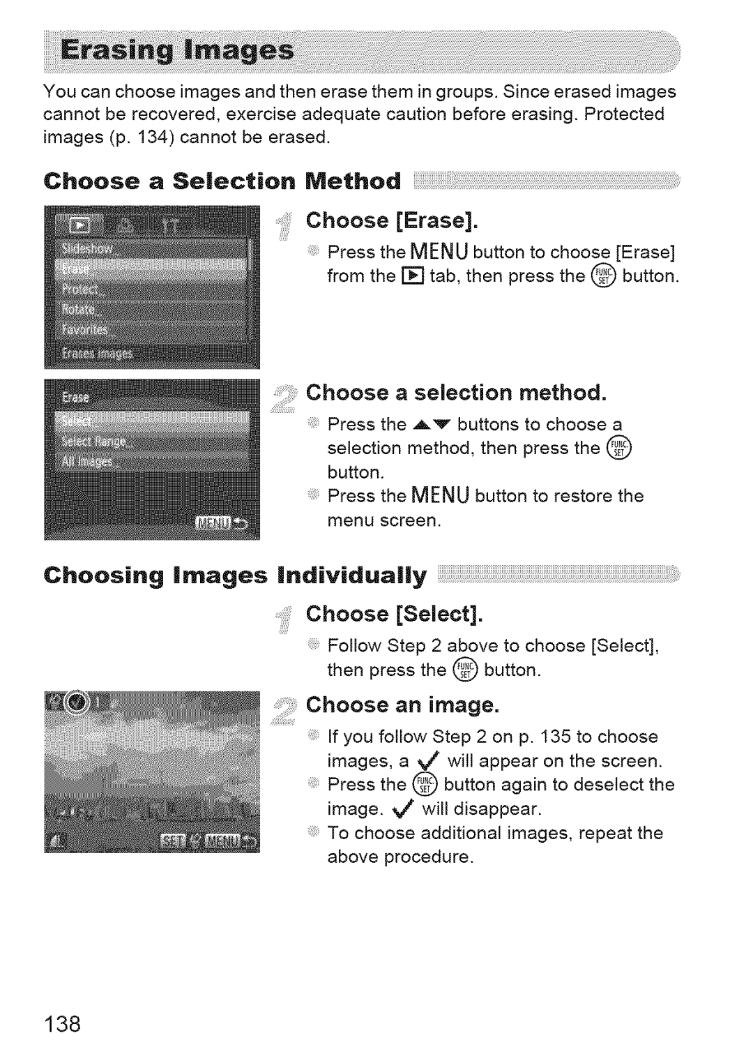 Canon IXUS 220HS manual Choose Erase, Choose a selection method, Choosing images individually, Choose Select, 138 