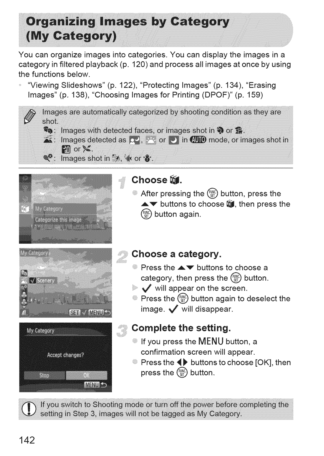 Canon IXUS 220HS manual Completethesetting, Choose a category, 142 