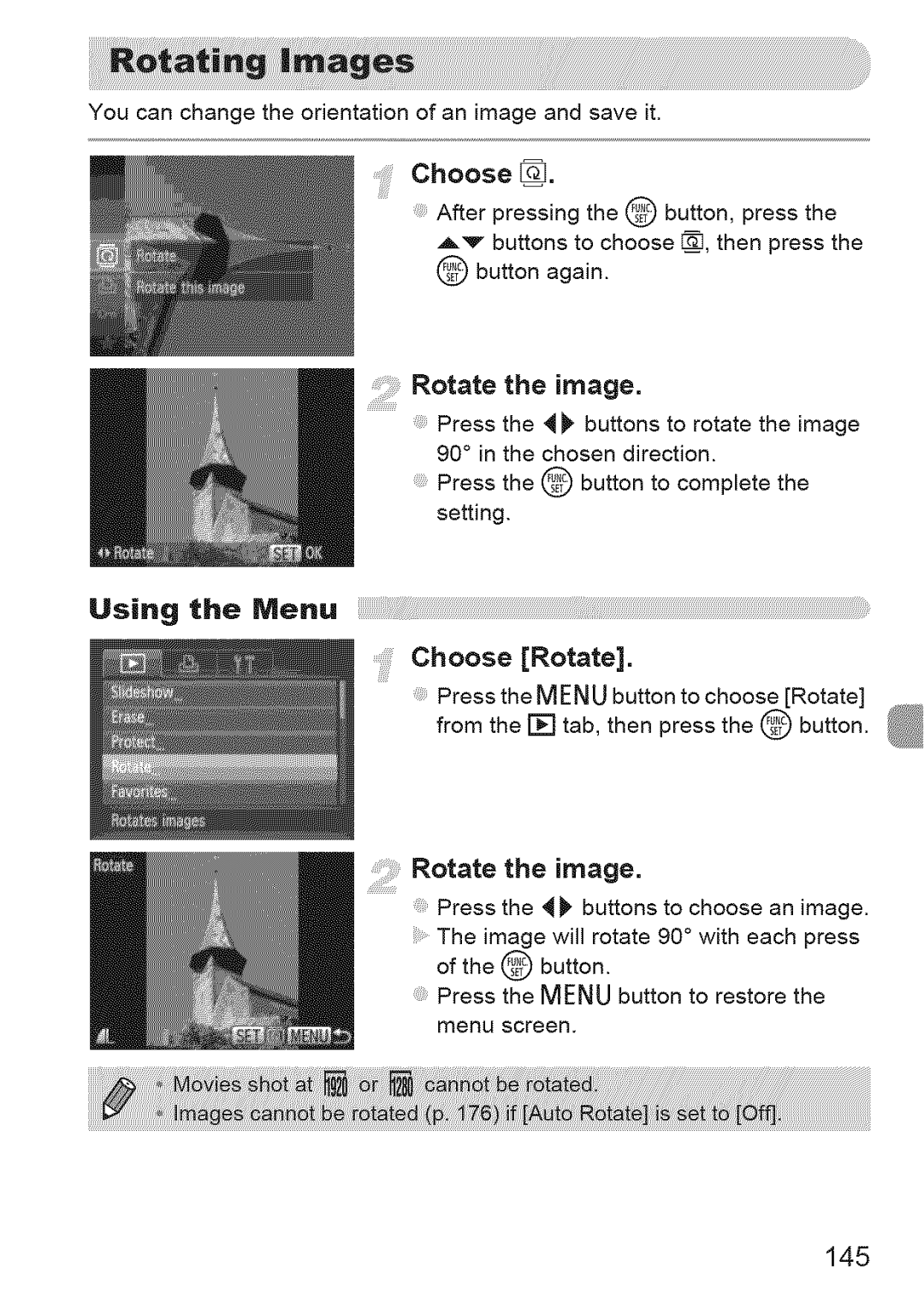 Canon IXUS 220HS manual Rotatetheimage, Rotatethemage, Using the Menu, 145 