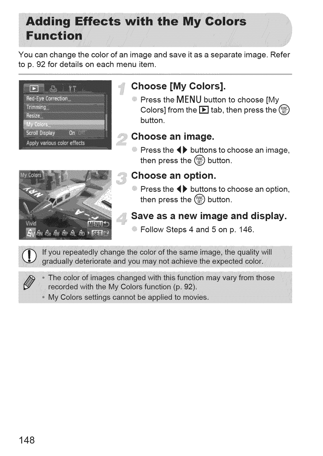Canon IXUS 220HS manual Choosean mage, Choose My Colors, Choose an option, Save as a new image and display, 148 