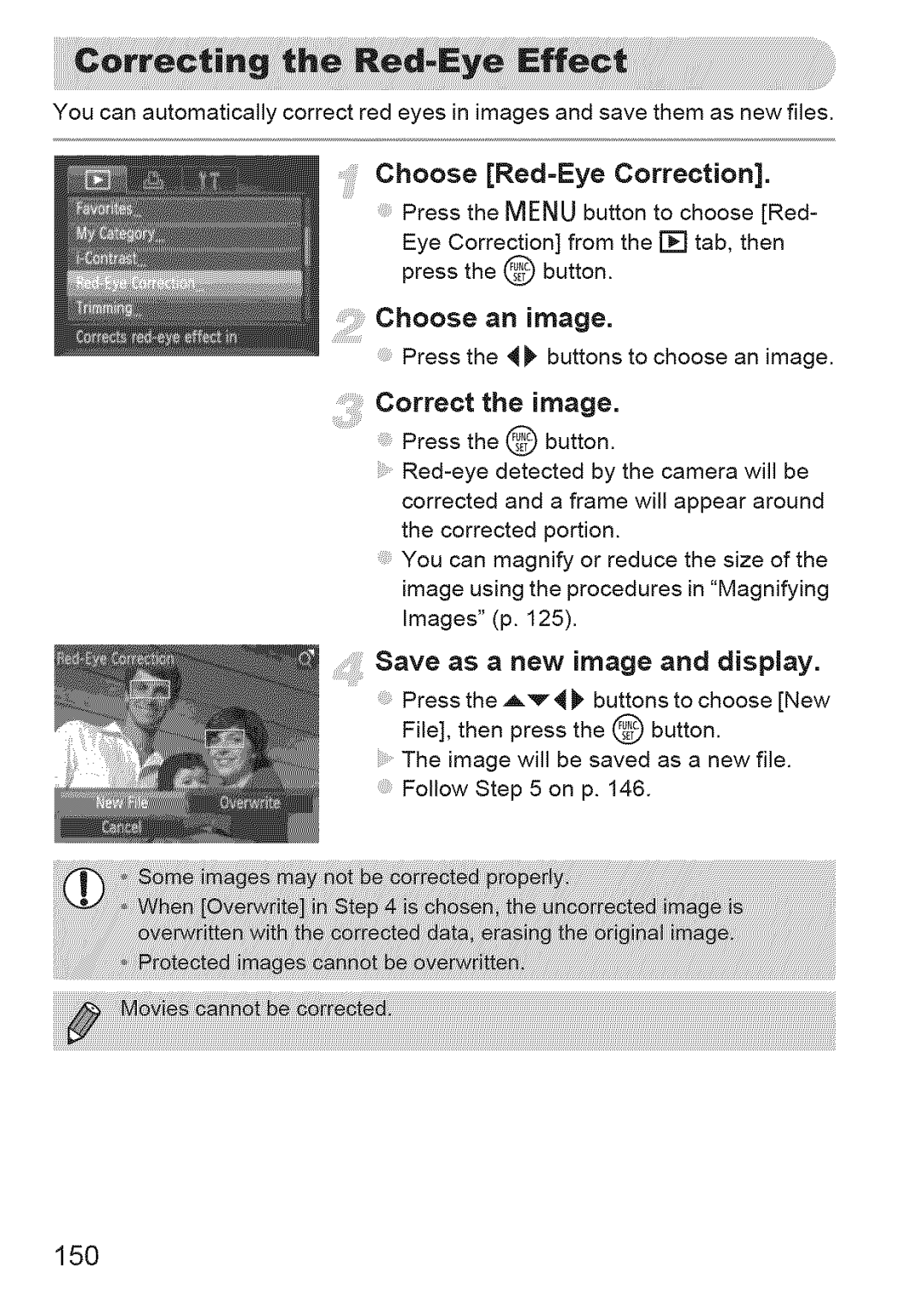 Canon IXUS 220HS manual Choose Red-Eye Correction, Correct the image, 150 