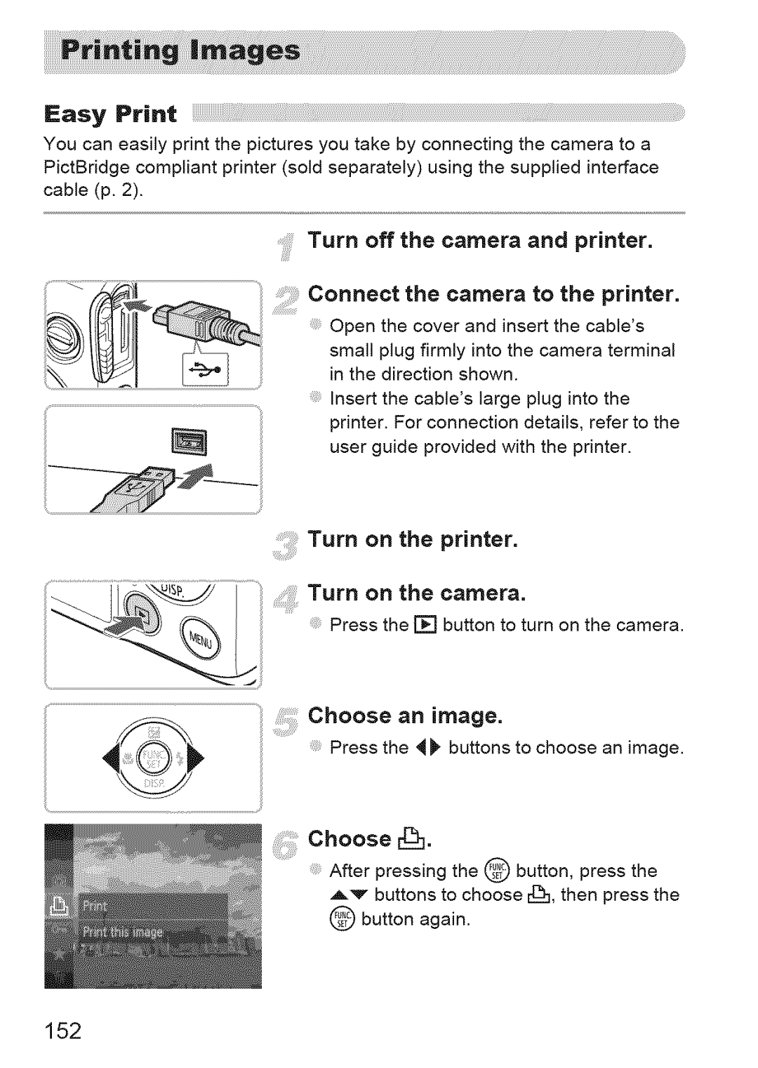 Canon IXUS 220HS manual Easy Print, Connectthecamerato theprinter, Turn off the camera and printer, 152 