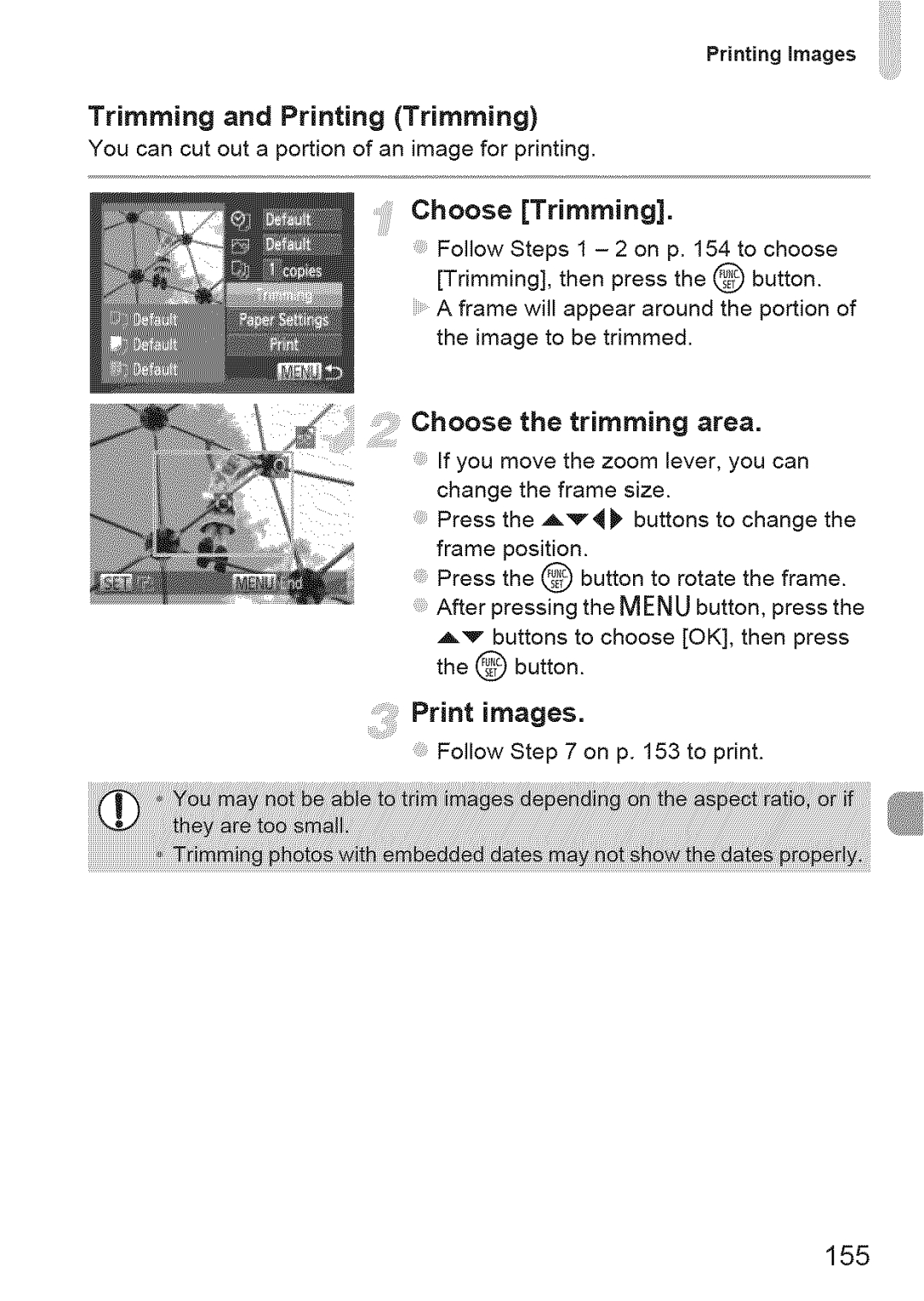 Canon IXUS 220HS manual Trimming and Printing Trimming, Choose the trimming area, 155 