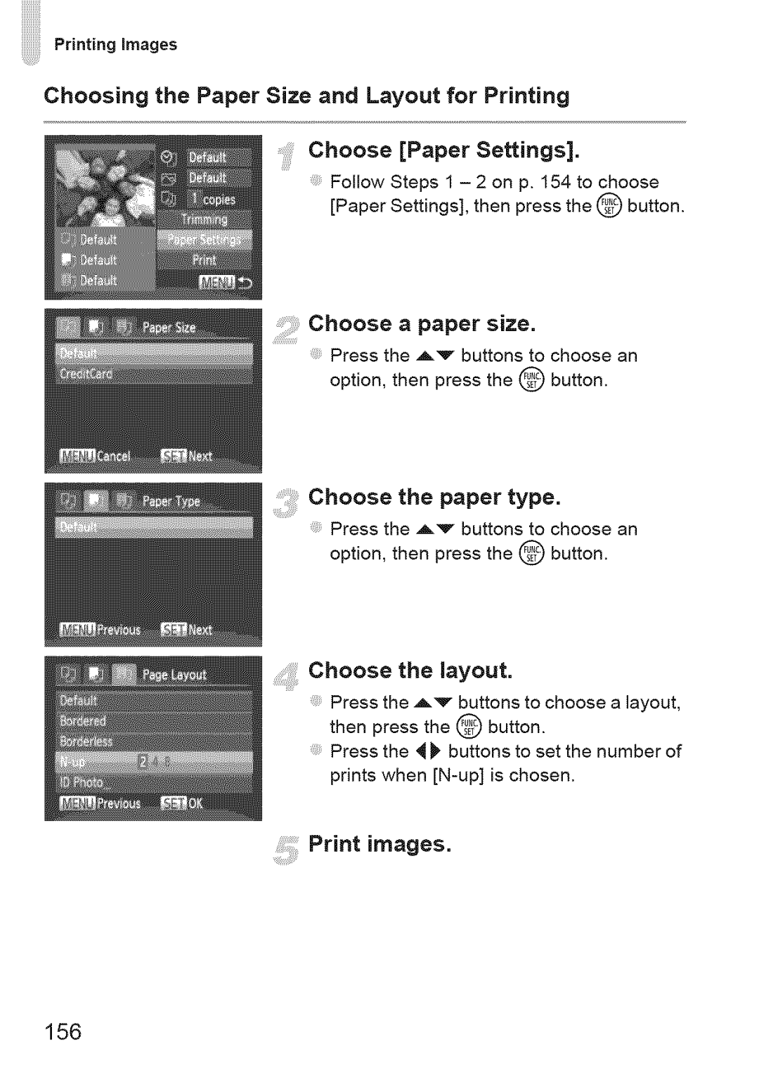 Canon IXUS 220HS manual Print mages, Choose a paper size, Choose the paper type, Choose the layout, 156 