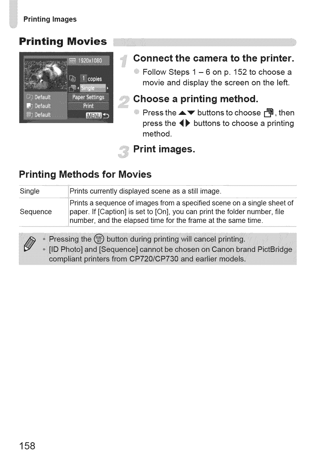 Canon IXUS 220HS manual Print mages, Choose a printing, Methods for Movies, 158 