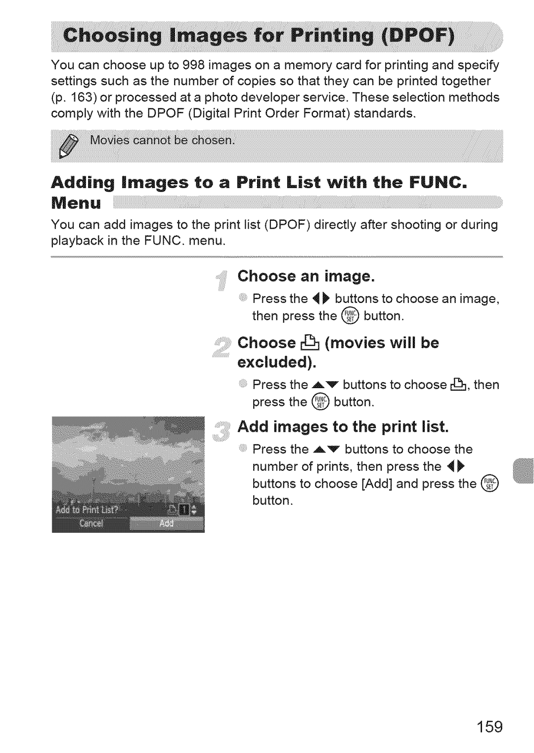 Canon IXUS 220HS manual Adding images to a Print List with the Func Menu, Choose movies will be Excluded, 159 