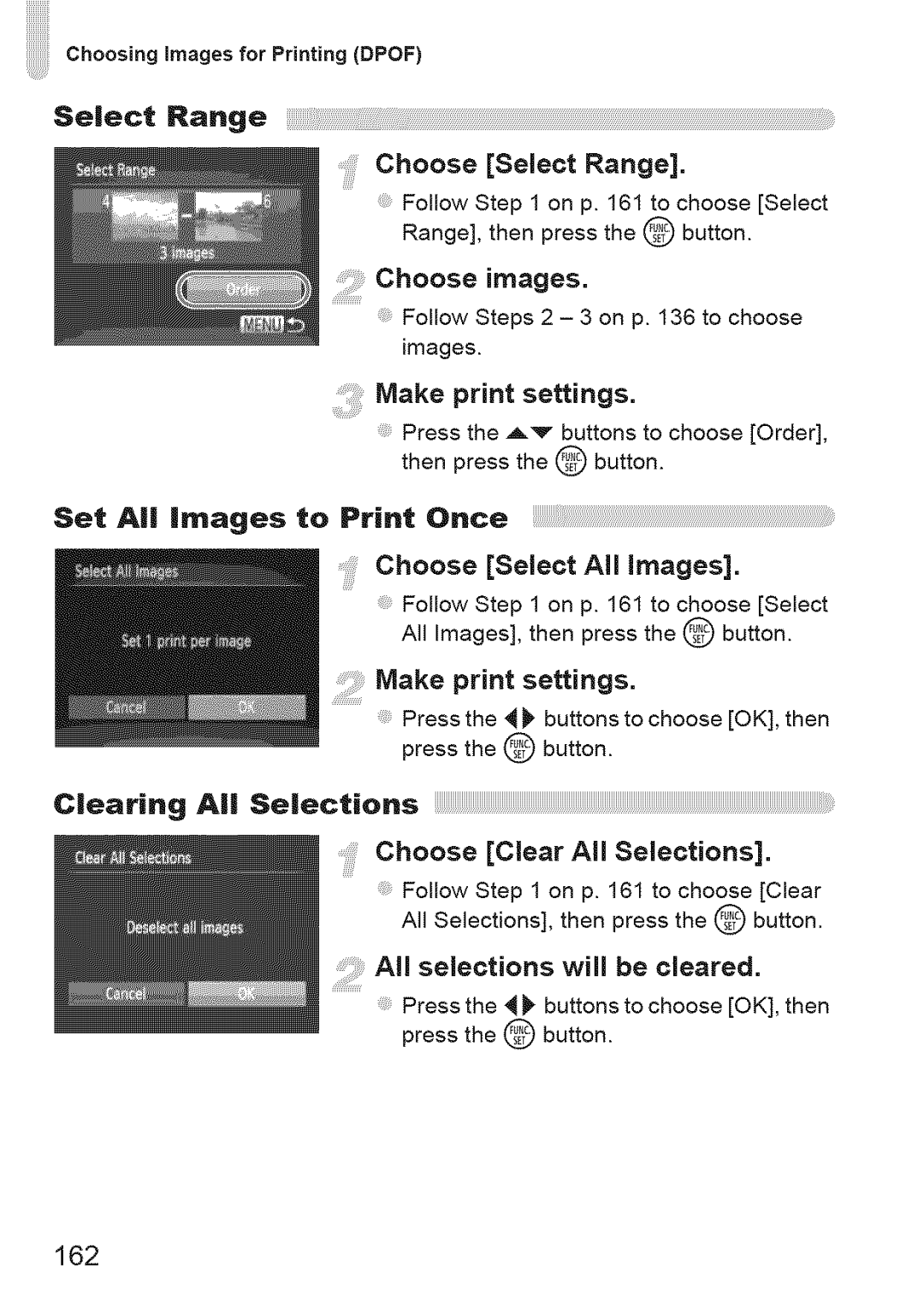 Canon IXUS 220HS manual Make print settings, Choose Select All images, Choose Clear All Selections, 162 