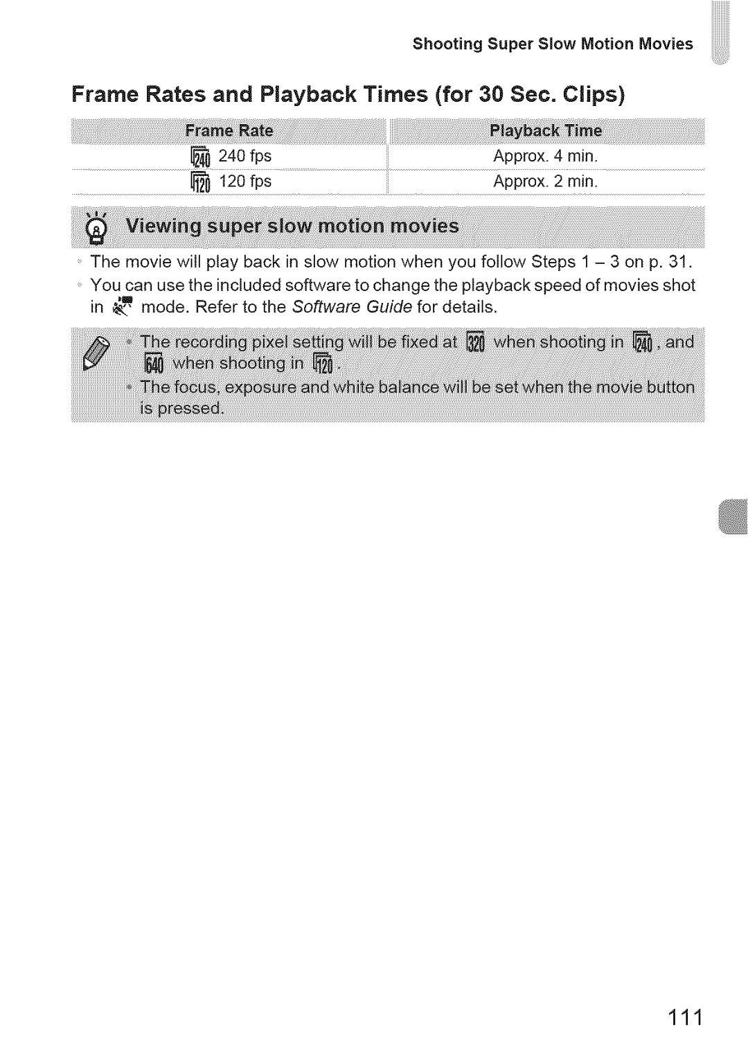 Canon IXUS 220HS manual Frame Rates and Playback Times for 30 Sec. Clips, 111 