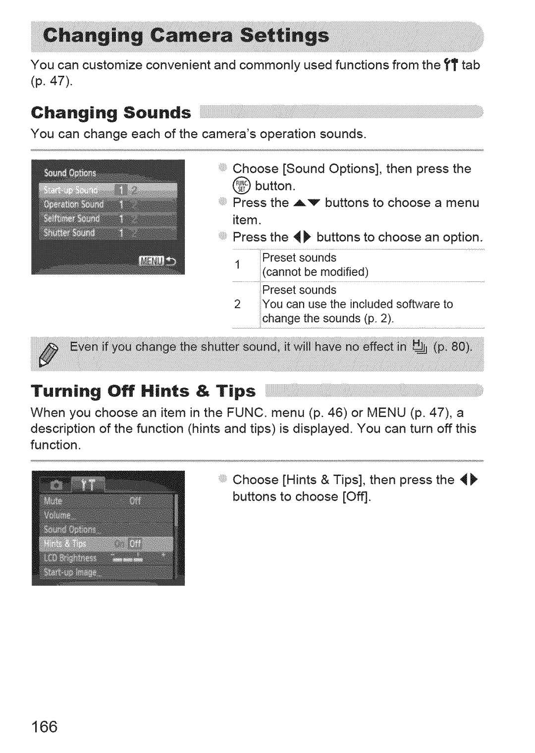 Canon IXUS 220HS manual Changing Sounds, Turning Off Hints & Tips, 166 