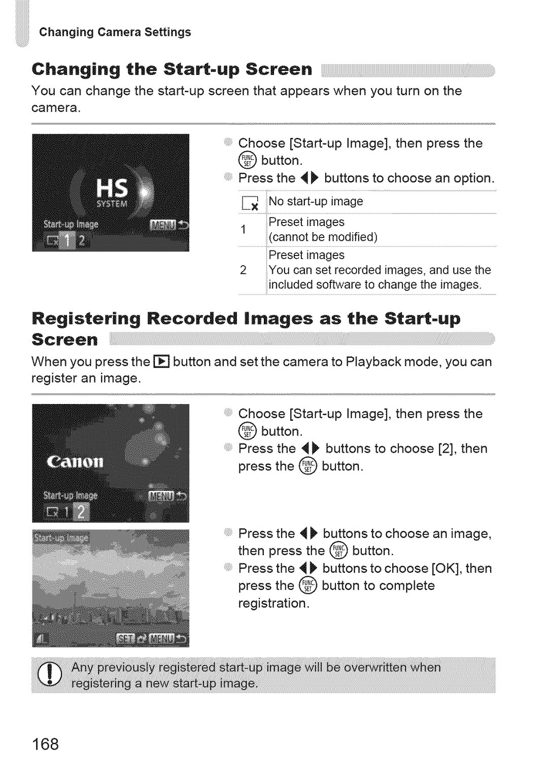 Canon IXUS 220HS manual Registering Recorded mages as the Start-up Screen, 168 