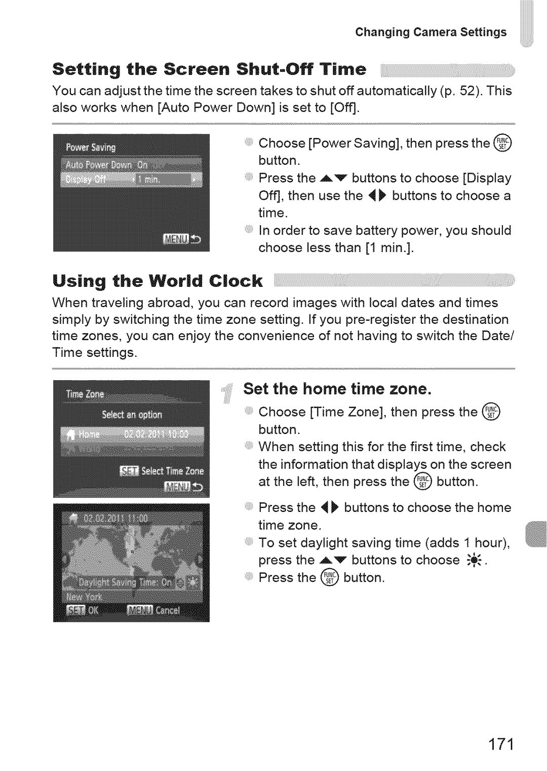 Canon IXUS 220HS manual Setting the Screen Shut-Off Time, Using the World Clock, Set the home time zone, 171 