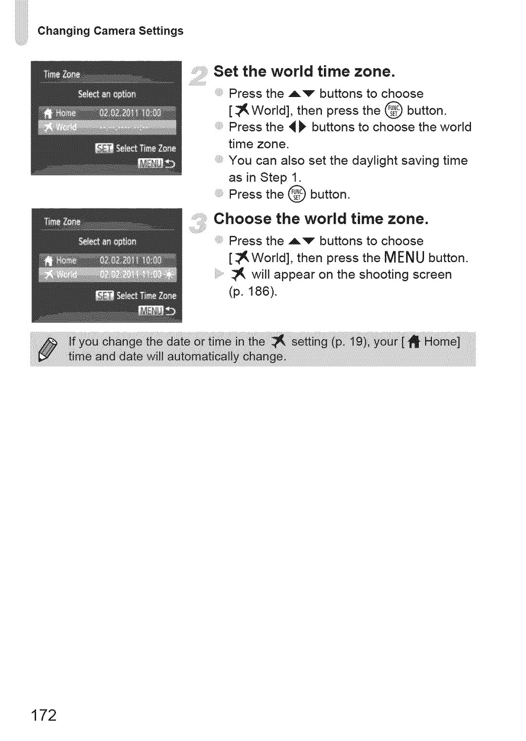 Canon IXUS 220HS manual Set the world time zone, Choose the world time zone, 172 