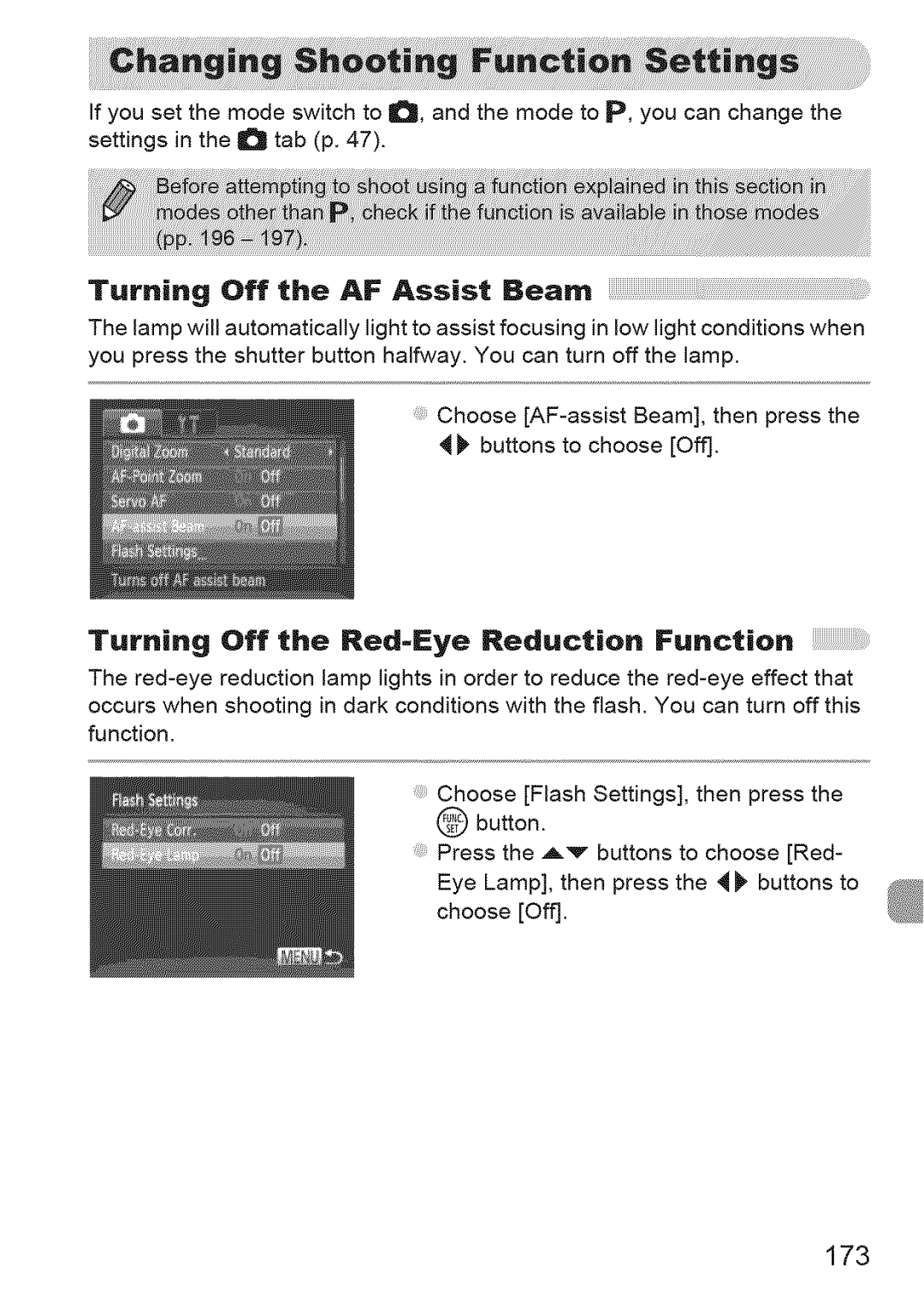 Canon IXUS 220HS manual Turning Off the AF Assist Beam, Turning Off the Red-Eye Reduction Function, 173 