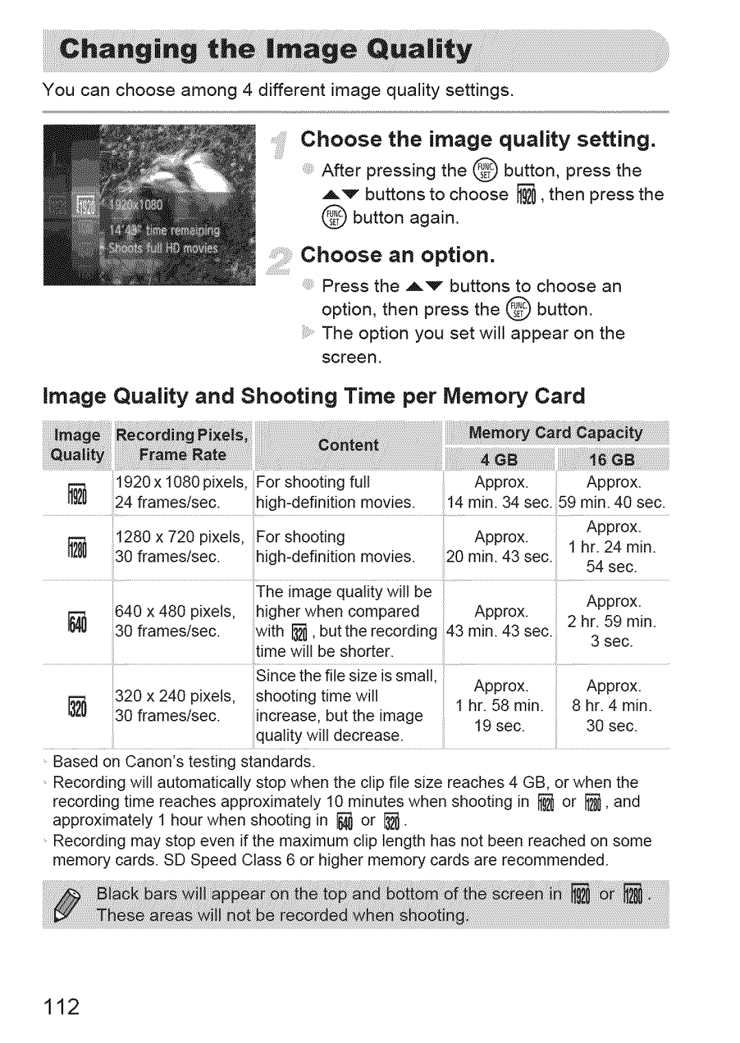 Canon IXUS 220HS Choose the image quality setting, Choose an option, Image Quality and Shooting Time per Memory Card, 112 