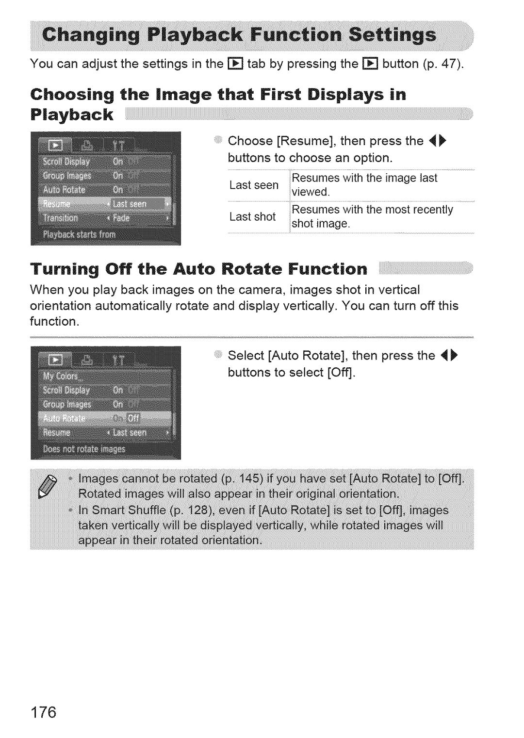 Canon IXUS 220HS manual Choosing the image that First Displays Playback, Turning Off the Auto Rotate Function, 176 