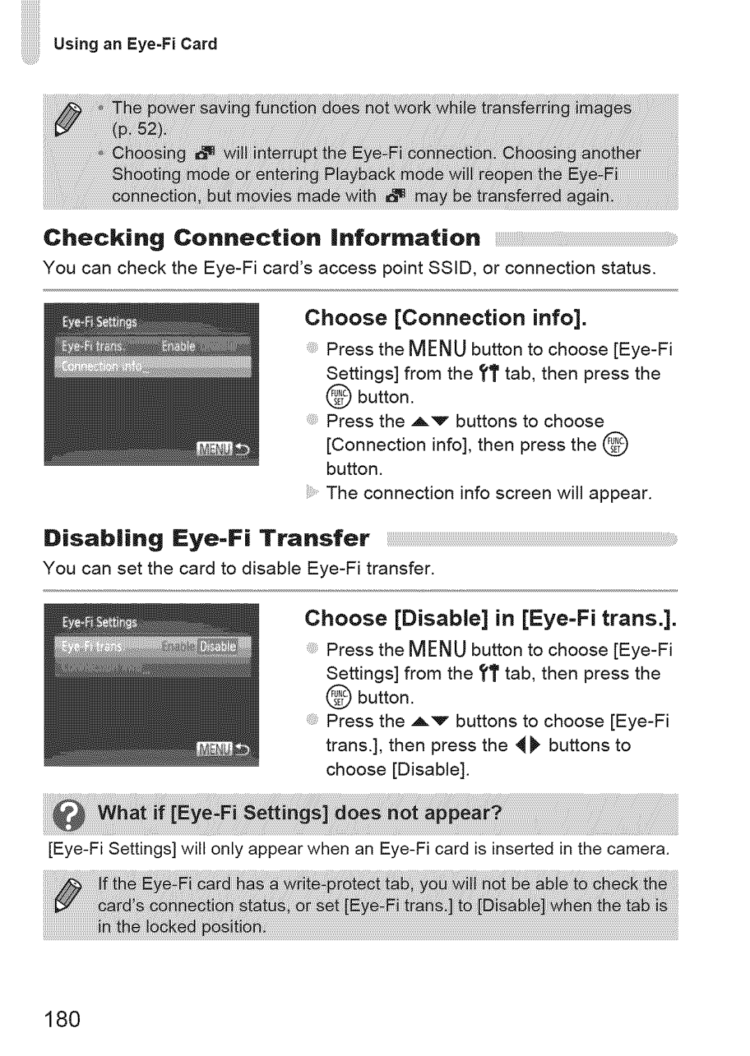 Canon IXUS 220HS manual Choose Connection info, Choose Disable in Eye-Fi trans, 180 