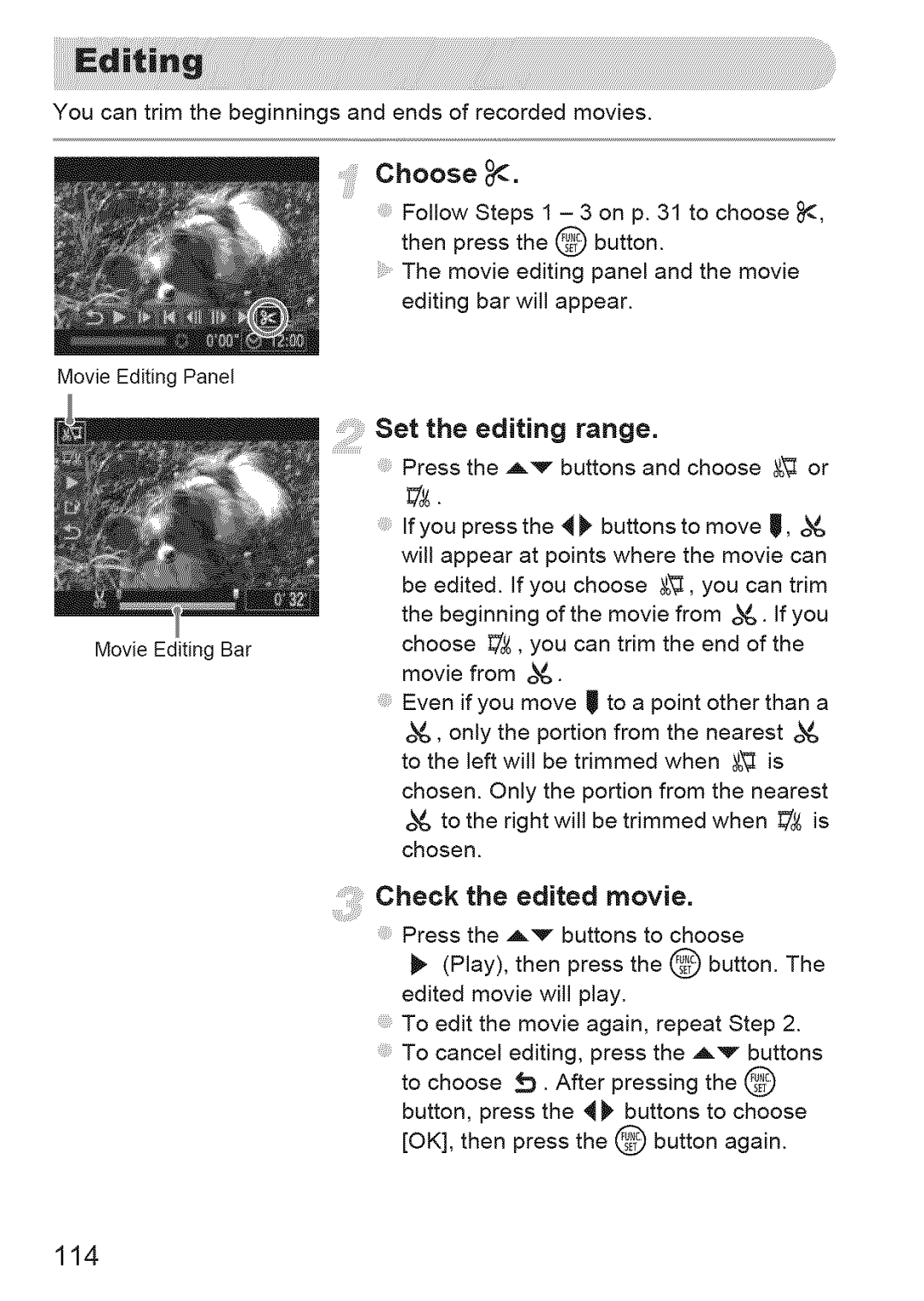 Canon IXUS 220HS manual Choose, Set the editing range, Check the edited movie, 114 