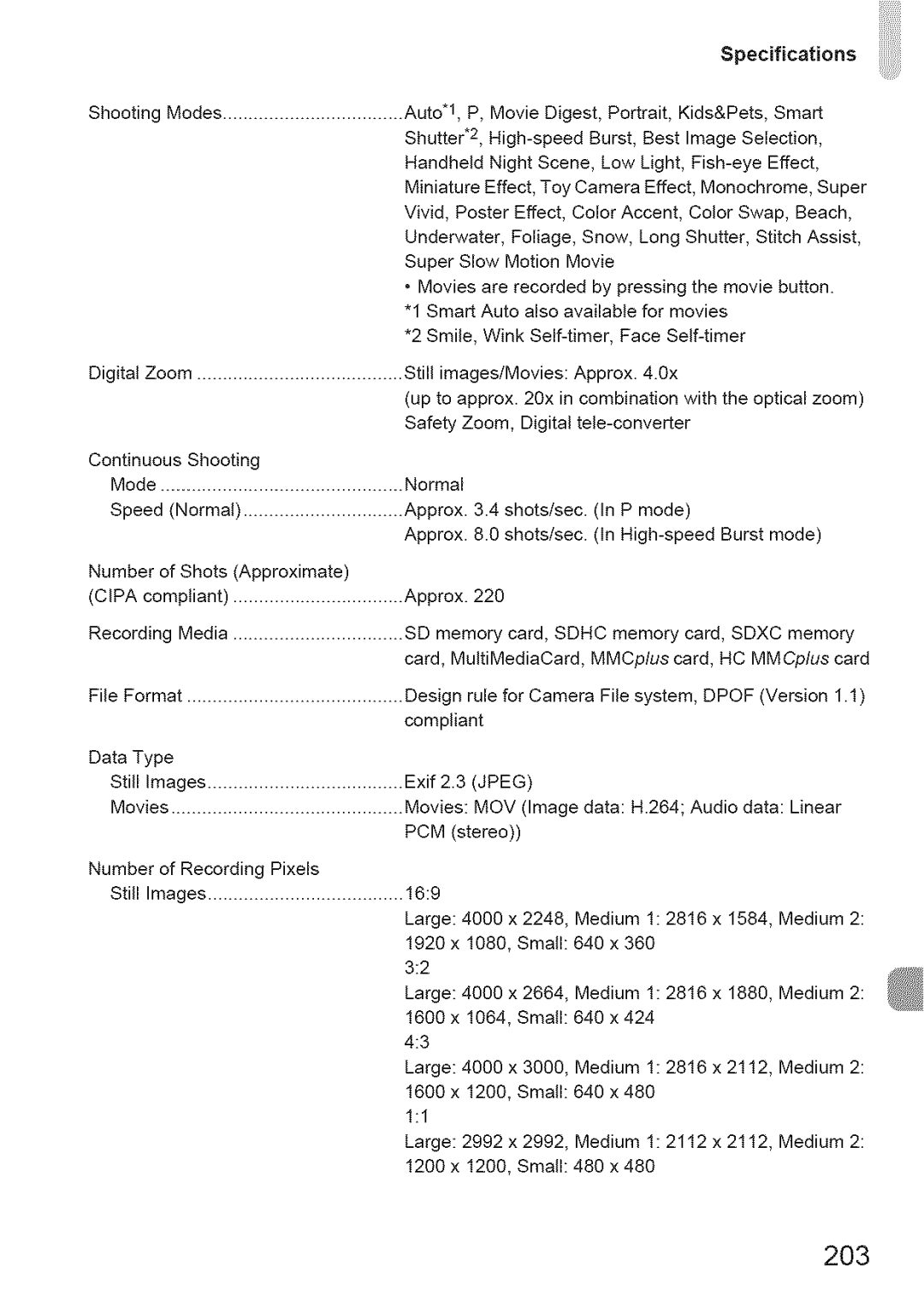 Canon IXUS 220HS manual 203, Specifications 