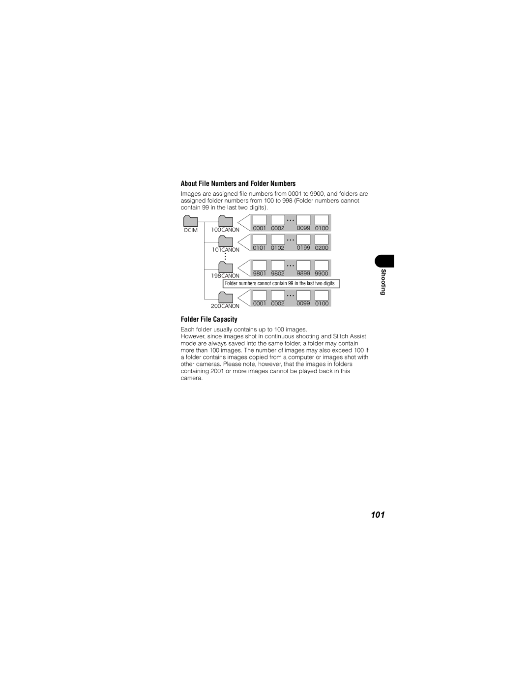 Canon IXUS 40, IXUS 30 manual 101, About File Numbers and Folder Numbers, Folder File Capacity 