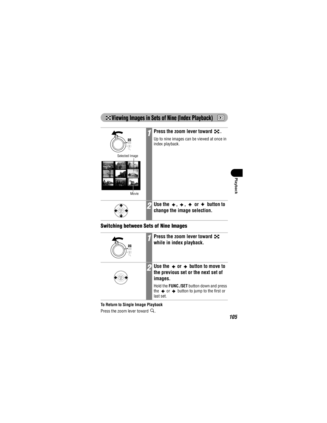 Canon IXUS 40, IXUS 30 manual Viewing Images in Sets of Nine Index Playback, Switching between Sets of Nine Images, 105 