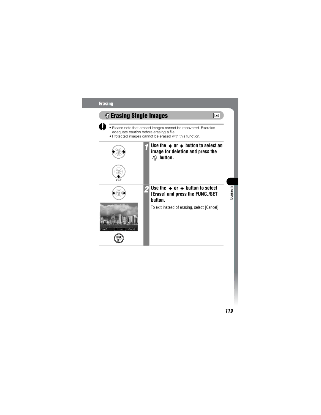 Canon IXUS 40, IXUS 30 manual Erasing Single Images, 119, To exit instead of erasing, select Cancel 